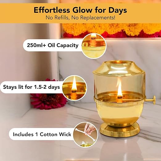 Brass Akhand Diya with Adjustable Bati for Puja Decorative Brass & Glass Oil Lamp Lantern Diya