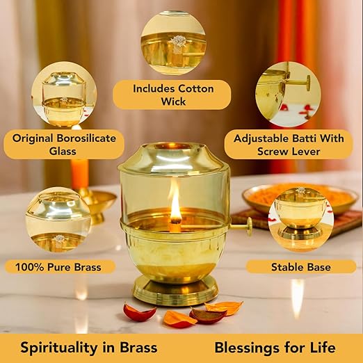 Brass Akhand Diya with Adjustable Bati for Puja Decorative Brass & Glass Oil Lamp Lantern Diya