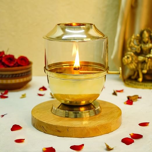 Brass Akhand Diya with Adjustable Bati for Puja Decorative Brass & Glass Oil Lamp Lantern Diya